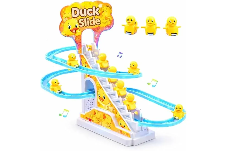 TEC TAVAKKAL Duck Slide Toy Set, Funny Automatic Stair-Climbing Ducklings Cartoon Race Track Se — Linkbiz SmartDeal's
