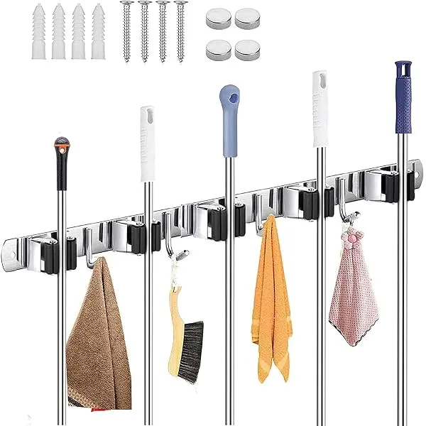 Zollyss Broom Stick Holder Wall Mounted | Storage Organizer with 5 Racks & 4 Hooks, Stainless Steel Heavy Duty Mop Hanger Wall Mounted for Kitchen, Bathroom, Garage, Closet & Garde — Linkbiz SmartDeal's