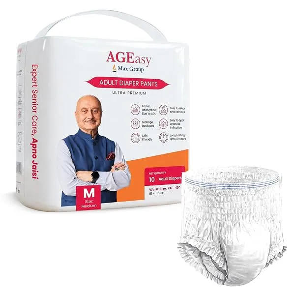 AGEasy (Max Group) Unisex Adult Diaper Pants | M (Waist 24-45 inches) | 10 Units | Overnight Leak Protection | Wetness Indicator | Odour Lock | Anti-Bacterial | Skin Friendly — Linkbiz SmartDeal's