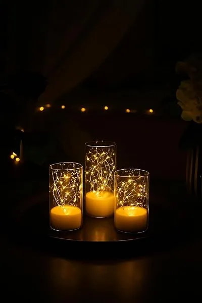 Bispy LED Flameless Candles Set of 3 with Warm Fairy Lights in Glass Cylinders | Battery Operated Flickering LED Candles | Decorative Lights for Bedroom, Living Room, Wedding, Part — Linkbiz SmartDeal's