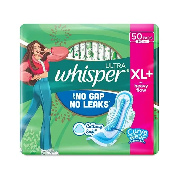 Whisper Ultra Upto No Gap No Leaks* Sanitary Pads, 50 XL+ Pads, For Heavy Flow Protection, With CURVEWEAR Technology, Cotton Like Softness, Disposable Wrapper, Locks Odour & Wetnes — Linkbiz SmartDeal's