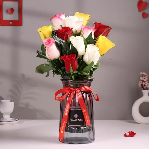 FlowerAura Premium Fresh Live Flower Bouquet of 12 Mix Roses In Glass Vase Gift For Birthday | Anniversary | Love | Home Decor | Fathers Day Gift For Dad (Same Day Delivery) — Linkbiz SmartDeal's