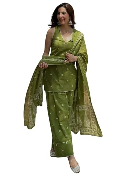 ANNI DESIGNER Farshi Salwar Suit | Cotton Blend Kurta with Dupatta | Straight Hand Block Printed Outfit | Farsi Farasi Parsi Ethnic Indian Office Party Wedding Clothing Fashion 3 P — Linkbiz SmartDeal's