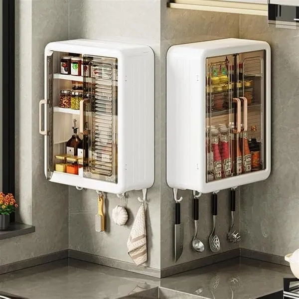 Bathroom Organiser Without Drill Plastic Wall Mounted Storage Cabinet for Kitchen and Bathroom Organizer with Magic Stickers Adjustable Shelves & Door| Organiser for, Essentials, M — Linkbiz SmartDeal's