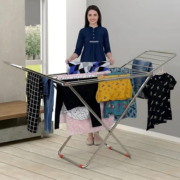 LiMETRO STEEL Stainless Steel Foldable Cloth Dryer Stand Double Rack Cloth Stands for Drying Clothes Steel (Cross), 120x54x4 cm — Linkbiz SmartDeal's