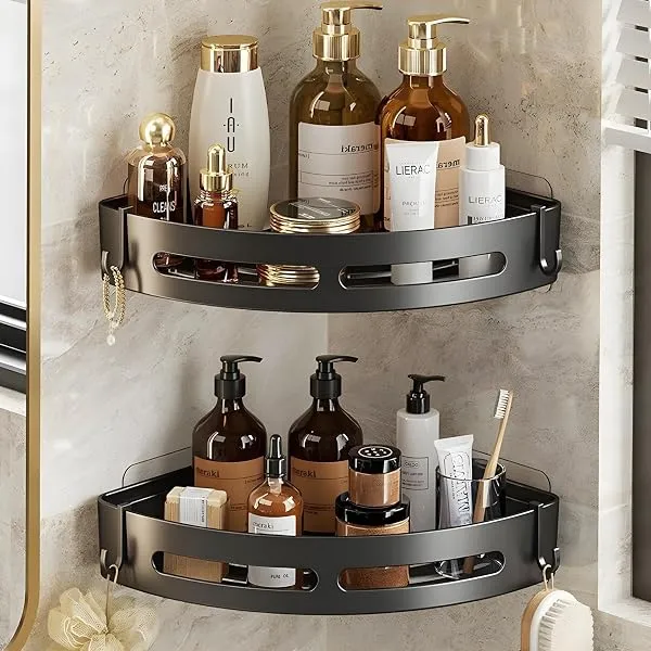 SquareUp Self-Adhesive Wall-Mount ABS Plastic Bathroom Corner Shelf Rack Organizer Without Drill Storage Shelves Holder/Accessories (Black, Pack of 2) — Linkbiz SmartDeal's