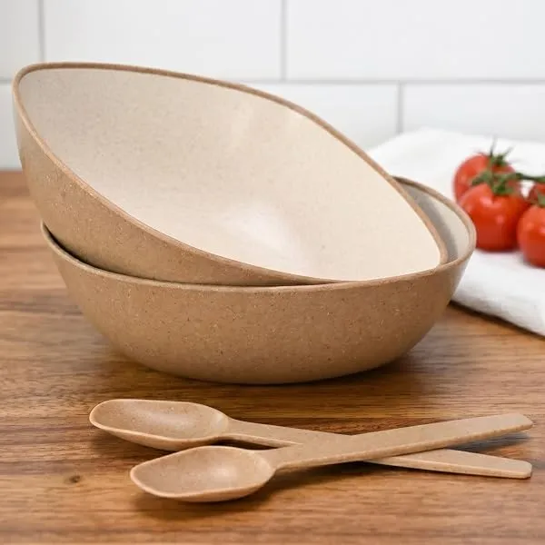 Eha Set of 2 Earth-Friendly Multipurpose Bowls for Kitchen with Spoons | 750 ml | Made with Rice Husk Biocomposite| Microwave Safe Bowl | for Hot & Cold Serving Bowl Set | Tortilla — Linkbiz SmartDeal's