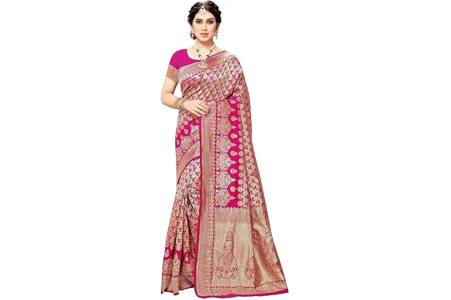 Yashika Women's Trendy Banarasi Kanjivaram Navy Color Art Silk Saree with Blouse Material — Linkbiz SmartDeal's