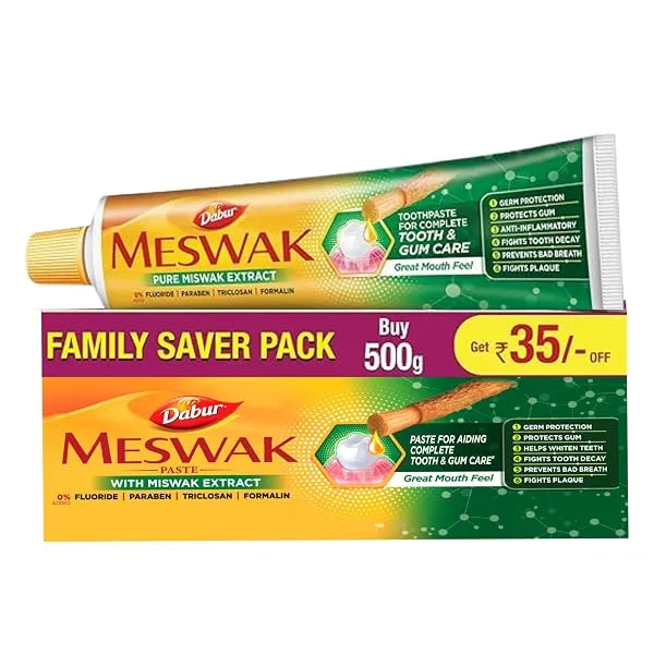 Dabur Meswak Complete Oral Care Toothpaste - 500g (2 x 200g + 1 x100g) | Complete Oral & Gum Care Toothpaste | Contains Pure & Rare Miswak extract | No added Fluoride, Paraben, Tri — Linkbiz SmartDeal's