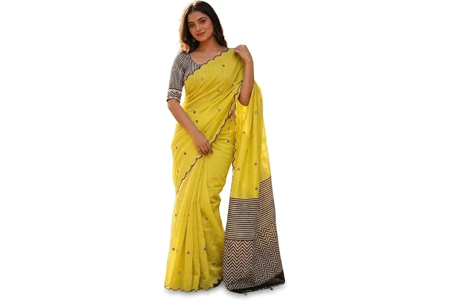 Linen Cotton Saree with Black Mirror Work | New — Linkbiz SmartDeal's