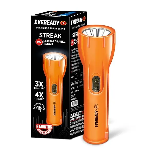 EVEREADY Streak DL22, Rechargeable 1W Emergency Torch, Plug & Play Charging | Overcharge & Deep Discharge Protection, Powered by Li-Ion Battery — Linkbiz SmartDeal's