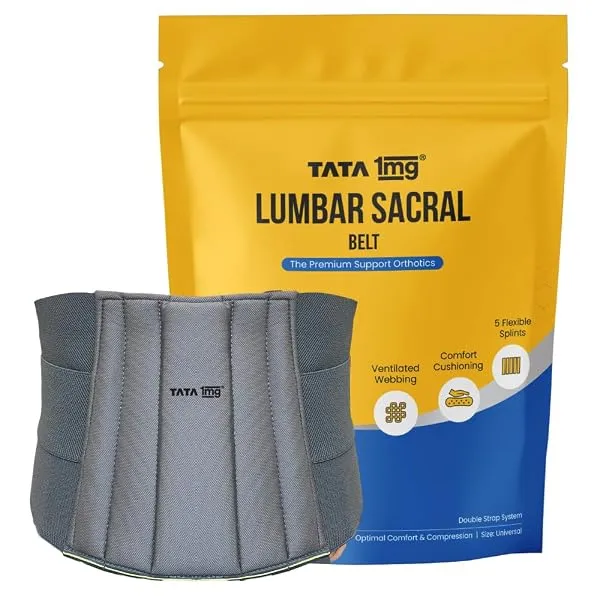 TATA 1MG Lumbar Sacral Belt for Relief from Back Pain and Muscle Spasms | With 5 Flexible Splints for Optimal Lower Back and Waist Support | For Men and Women | Universal Size | Pa — Linkbiz SmartDeal's