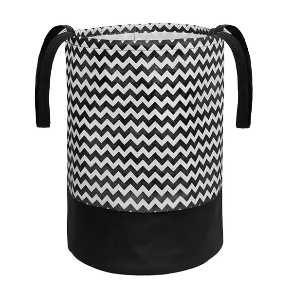PrettyKrafts 45L Non Woven Wave Printed Round Foldable Large Laundry Bag/Basket With Handle, Freestanding Cloth Storage Organizer for Bedroom, Bathroom (36x36x45cm, Black & White, — Linkbiz SmartDeal's