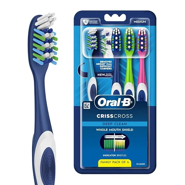 Oral-B Criss Cross Deep Clean Medium Bristles Manual Toothbrush For Adults,Tongue Cleaner, Multicolour Tooth Brush Set, Oral B Dentist Recommended Brand (Family Pack of 4) — Linkbiz SmartDeal's