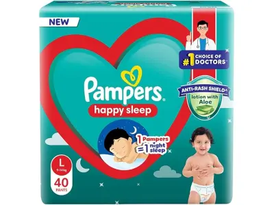 Pampers Happy Sleep Pant Style Baby Diapers, Large (L), 40 Count, 1 Pampers = 1 Night Sleep, wi
