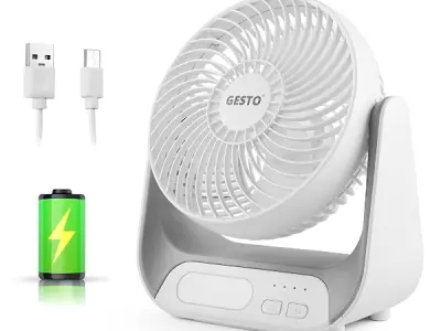 Gesto 7.4 Inch High Speed Rechargeable Table Fan for Home – USB Charging Battery Fan With Led Light | 2400mAh Battery, Upto 8 Hours Runtime | 3 Speed Modes Portable fan for Home, O