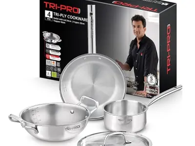 Bergner Tripro Triply Stainless Steel 4 Pc Cookware Set, 24 cm Indian Wok/Kadai with Lid, 22 cm Frypan, 16 cm Tea Pan, Even and Fast Heating, Induction Bottom, Gas Ready, Silver