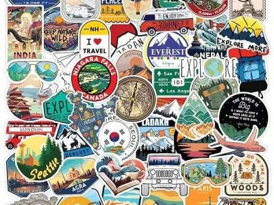 CodersParadise 60-Pack Travel Stickers – Waterproof Vinyl Self-Adhesive Decals for Laptop, Luggage, Backpack, Journal, Scrapbook, Bike & Accessories – Residue-Free Travel-Themed St