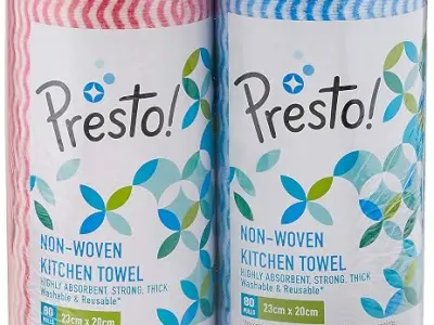 Amazon Brand - Presto! Non-Woven Kitchen Towel Roll | 160 Pulls | Blue & Red Kitchen Cloth | 80 Pulls X 2 Rolls | Food Safe | Lint-free and Residue-Free | Washable and Reusable | H