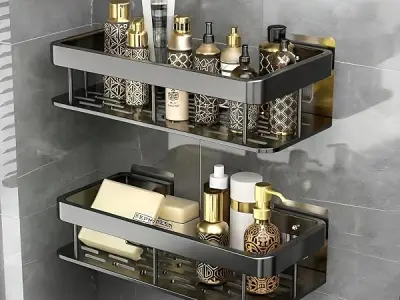 Misamo Enterprise Bathroom Shelf Organiser Without Drill, Black, Pack of 2 | No-Drill Installation, Rust-Resistant, Strong Adhesive, Fast Water Drainage, Space-Saving Bathroom Stor