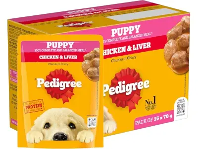 Pedigree Puppy Wet Dog Food Chicken & Liver Chunks in Gravy 70g X15 | 100% Complete & Balanced