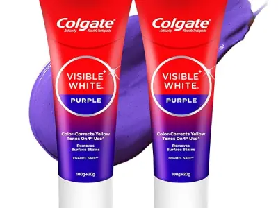 Colgate Visible White Purple Toothpaste for Teeth Whitening, Helps Remove Surface Stains, Whitens Yellow Teeth, Enamel-Safe for Daily Use (Combo Pack, 200g + 40g)
