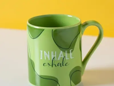Clay Craft Fine Ceramic Pebble Series Coffee Mug 350ml Green – Inhale Exhale Print, Stylish Tea & Coffee Cup, Microwave & Dishwasher Safe, for Home, Office, Café, Gifting, Daily Us