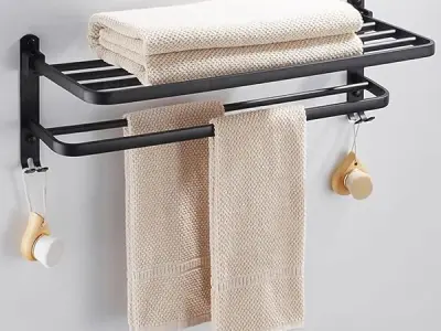 Sulfar Matte Black Bathroom Towel Bar Aluminum Free Punch Towel Rack Holder with Shelf Hooks (20inch, 50cm)
