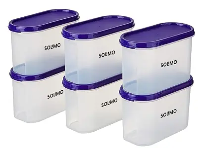 Amazon Brand - Solimo Modular Plastic Storage Container With Airtight Lid | BPA-Free Plastic | Microwave Safe | Dishwasher Safe | 1.2 Litres | Set of 6 (Blue)
