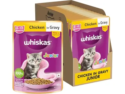 Whiskas Junior Kitten (2-12 Months) Wet Cat Food, Chicken in Gravy, 80 g (Pack of 14), Hydratin