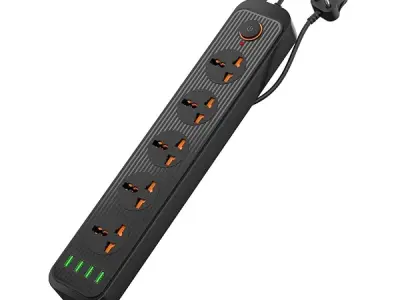 Portronics Power Plate 6 with 4 USB Port + 5 Power Sockets Extension Board, 2500W Power Converter, Cord Length 2Mtr (Black)