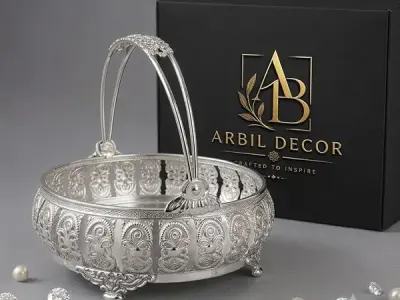 Arbil Decor German Silver Plated Flower Basket with Decorative Handle, 6 Inch Round Pooja Basket for Flowers & Prasad, Decorative Silver Basket for Gift Hamper, Dry Fruit Serving,