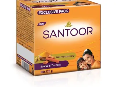 Santoor Skin Moisturizing Sandal & Turmeric Bathing Soap with Nourishing & Anti-Aging Properties| For Soft & Smooth and Younger-Looking Skin| For All Skin Types| Pack of 8, 125g