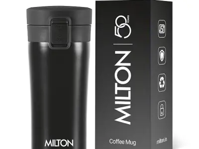 MILTON Thermosteel Vacuum Insulated Travel Coffee Mug, 300ml, Black, Prolonged Hours Hot & Cold, ISI Certified, Spill Proof & Easy to Sip, Leakproof & Rustproof, On The Go Coffee C
