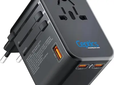Ceptics Universal Charger Adapter with Type C 65W Laptop/MacBook Mobile Charging, 4 in 1 International Travel Adapter, 1 USB 2 USB-C W/3.1A Max, 10 Years Warranty, Worldwide Travel