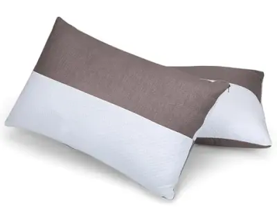 Amazon Basics Hollow Fiber Sleeping Pillow | Soft and Fluffy | Adjustable Height Pillows Set of 2 | White and Brown (27 x 16 Inches)