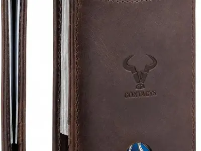 Contacts Genuine Leather Money Clip Wallet Slim Front Pocket RFID Blocking Card Holder Minimalist Mini Bifold for Men's with Smart Pull Strap 8 Card Slots Photo ID (Brown)