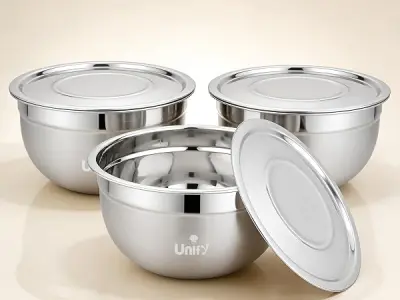 Unify 3 Pieces Stainless Steel Serving Bowl Set with Lid | Mixing Big Bowls | Matt Finish, Kitchen Prep, Salad, Fruit, Desert & Storage Containers | Bowl Set for Kitchen & Dining U