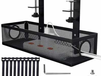 Dyazo Under Desk Cable Management Tray | No-Drill Metal Mesh Rack with Clamp Mount | Wire Organizer Holder for Power Strips & Network Cables | Includes Zip Ties & Cable Clips for H