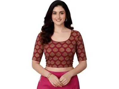 Amazon Brand - Anarva Women's Kalamkari Print Cotton Stretchable Round Neck Readymade Saree Blo