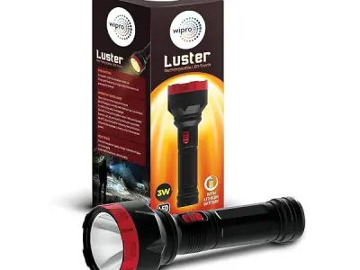 wipro Luster 3W Led Bright Rechargeable Torch with LED Light | Dimmable Emergency Torch Light with 1200 mAH Li-Ion Battery | Compact Torch with 2 Step of Brightness | Red | Pack of