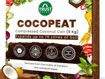 TrustBasket Premium Cocopeat 5kg (Expands Upto 75 litres) | Kerala Coconut Husk | Superior Water Retention | Organic Coco Coir for Plants | Expandable Cocopeat Block Outdoor Garden