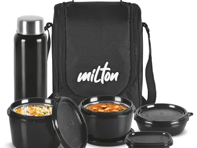 MILTON Pro Lunch Box with Steel Cutlery, 3 Microwave Safe Inner Steel Containers (180ml, 320ml, 450ml) Plastic Chutney Dabba 100ml, Bottle 750ml with Insulated Bag, Office Tiffin,