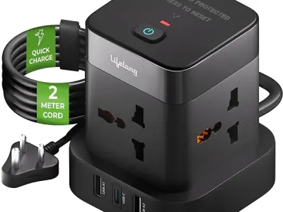 Lifelong Electronics Extension Board 7-in-1 with Switch | 4 AC Sockets + 3 USB Ports (2 Type A + 1 Type C) | Overload Protection | Desk Accessories & Multiplug Gadget | 2M Cord (Mo
