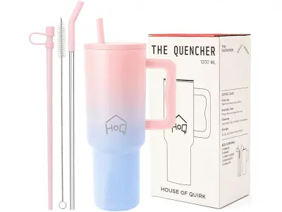 House of Quirk 1200ML Stainless Steel Tumbler with Handle & Lid, 2 Straws – Large Travel Mug Wa