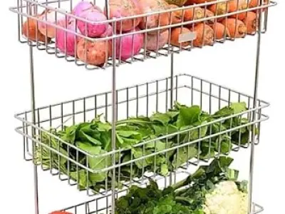 Privesh Stainless Steel Modern Kitchen Storage Rack, Folding Perforated Design Trolley for Spice, Fruits, Vegetable, Onion, Potato, Organizer Stand with Wheel, 4 Layer Trolley