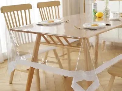 Homerz Premium High Thickness Transparent Table Cover with Lace, 15 mm Thick, Durable and Waterproof, 2 Years Guarantee (Silver Lace, 60x90 inch- 6-8 Seater)