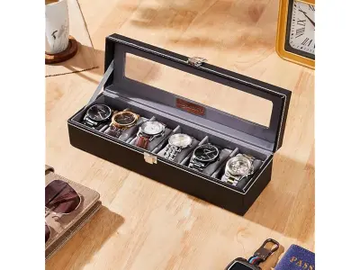 Amazon Basics Unisex Faux Leather Watch Organizer Box with 6 Slots |Watch Organizer with Transp