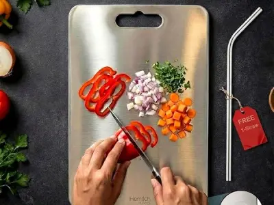 Herrlich Homes Rectangle Stainless Steel Chopping Board, M, 31x21cm | Steel Straw Included, Anti-Skid Silicon Pad, For Cutting Vegetables, Meat, Fish, Fruits