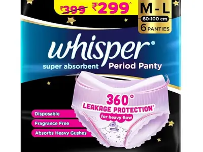Whisper Super Absorbent Period Panty, 6 M-L Pants, 360 Degree Leakage Protection* for Heavy Flow, Panty like Fit, Full back Coverage, Absorbs Heavy Gushes, Silky Soft, Comfortable
